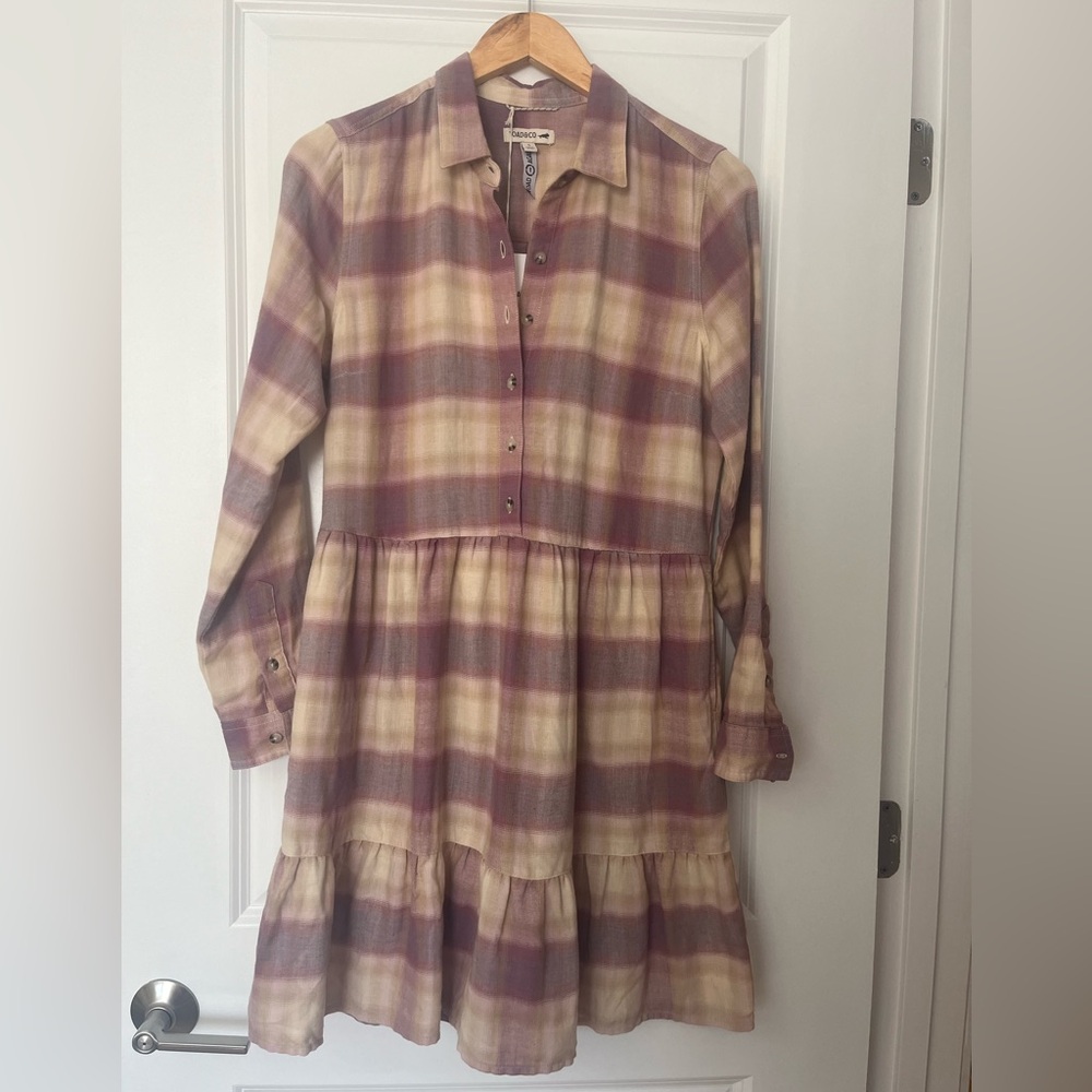 Toad&Co long sleeve tiered flannel plaid purple dress small button up collared